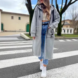 Lange grijze oversized fleece hoodie met rits voor dames, casual sportieve jas
