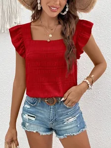 Vibrant red square neck blouse featuring feminine ruffle sleeves and textured fabric