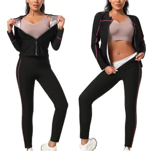 Gros plan détaillé sur une combinaison de sauna noire pour femme avec doublure thermique