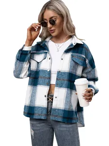 Dames verdikte blauw-witte geruite flanellen hemdjas casual losse shacket
