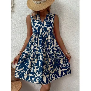 Robe d'été bohème chic sans manches avec col en V et imprimé feuilles pour femmes