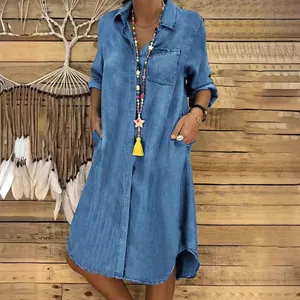Abito chemisier di jeans blu casual taglie forti con maniche lunghe e tasche da donna