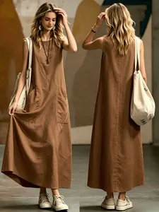 Detail of brown sleeveless cotton maxi dress with pockets from front and back views