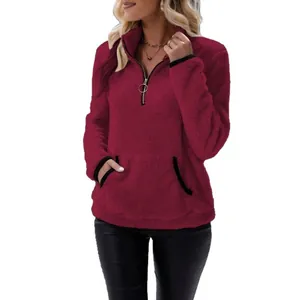 Gemütlicher weinroter Damen-Fleece-Hoodie mit halbem Reißverschluss und praktischen Taschen