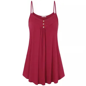 Robe d'été rouge sans manches avec bretelles spaghetti, corsage plissé et boutons
