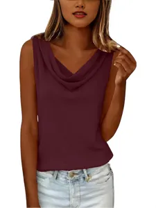 Casual women's sleeveless cowl neck cotton linen tank top in deep burgundy maroon