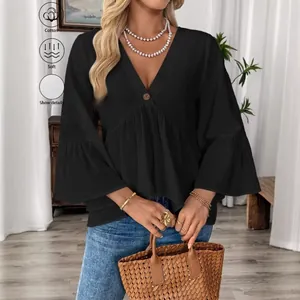 Elegant women's black V-neck top featuring stylish ruffle sleeves and button detail