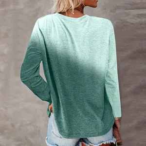 Detailed back view of a women's casual long sleeve T-shirt with green gradient print.