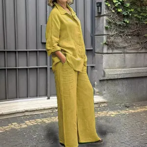 Lässiges zweiteiliges Set aus Leinenhemd und Hose mit weitem Bein für Damen in Senfgelb