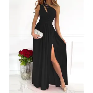 Detailed view of black one-shoulder maxi dress with high waist and leg slit