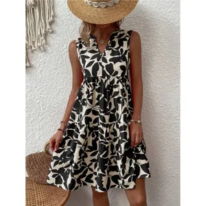 Robe bohème sans manches à col en V, imprimé feuilles noir et blanc, ourlet à volants