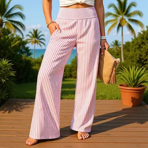 Detailed view of pink vertical striped high waisted wide leg pants with smocked waist