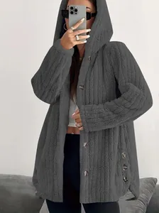 Close-up detail of a cozy gray hooded fuzzy fleece coat for women in autumn winter