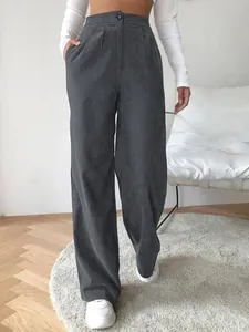 Full length view of grey high waist corduroy straight leg pants for women in casual setting