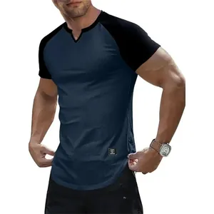 Detailed macro view of men's two-tone ribbed raglan t-shirt with unique v-notch neckline