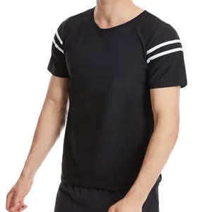 T-shirt de sudation noir pour hommes avec rayures blanches aux manches pour fitness