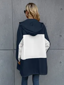 Back view of a navy and white color-block hooded waterproof jacket for outdoors