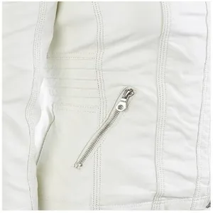 Detail view of a premium white faux leather jacket featuring a silver metal zipper pocket.