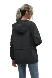 Detailed back view of women's black lightweight waterproof hooded outdoor hiking jacket