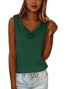 Casual dark green cowl neck cotton linen tank top for women clothing