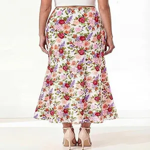 Back view of bohemian floral print high-waisted midi skirt for summer beach vacation
