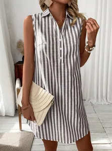 Vertical striped sleeveless shirt dress with button V-neck detail and casual loose fit