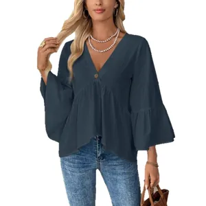 Elegant navy blue V-neck button top with stylish ruffle flare sleeves for women's fashion