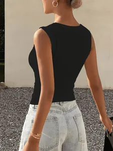 Detailed back view of a slim fit black sleeveless summer tank top for casual wear