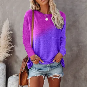 Detailed view of women's purple gradient tie-dye long sleeve T-shirt with pocket
