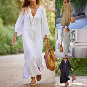Vestido Largo de Camisa con Botones para Mujer Manga Larga Cuello en V Color Sólido Suelto Bohemio Poliéster Casual