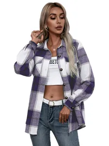 Chaqueta de camisa de franela a cuadros morados para mujer con botones frontales