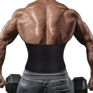 Professional black sports waist trimmer belt for men shown on muscular bodybuilder in gym