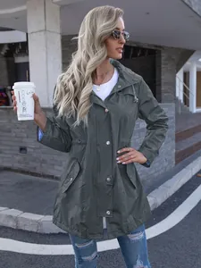 Stylish women's mid-length hooded waterproof raincoat jacket in dark grey street style