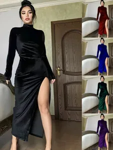 Women High Neck Velvet Maxi Dress Long Sleeve Ruched Slim Fit Side Slit Elegant Evening Party Prom Dress
