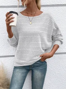 Close-up detail of women's casual grey textured striped long sleeve round neck top