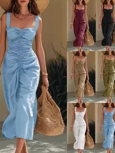 Dames Franse Stijl Geplooide Camisole Jurk Katoen Hoge Taille Open Rug Elegante Vakantie Maxi Jurk
