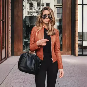 Stylish autumn winter women's brown PU leather jacket worn in an urban street setting