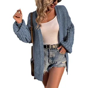Stylish blue women's mid-length knitted cardigan with puff lantern sleeves for fall