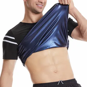 T-shirt de sauna fitness pour hommes avec rayures blanches et doublure bleue sudorifique