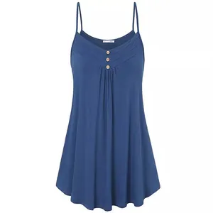 Robe d'été élégante sans manches bleue pour femmes avec de jolis boutons décoratifs