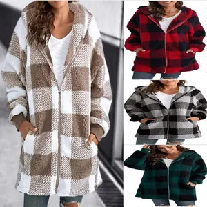 Women's Casual Fuzzy Plaid Hooded Jacket Loose Long Sleeve Zipper Fleece Coat With Pockets Polyester Outerwear