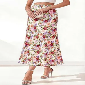 Elegant Bohemian floral print high waist midi skirt styled for a summer beach vacation look
