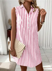 Close-up detail of a pink and white striped sleeveless shirt dress with front button closure