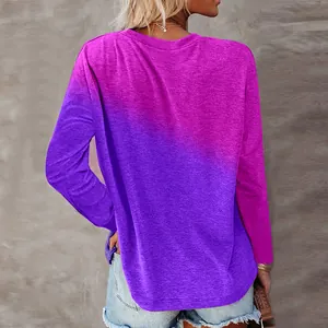 Back view of a casual women's long-sleeve T-shirt with a vibrant purple gradient print