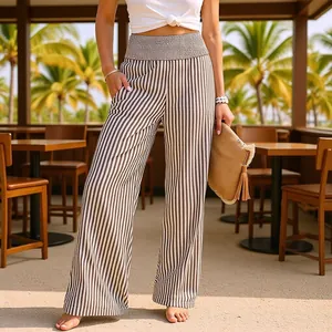 Stylish brown and white vertical striped high-waisted wide-leg casual pants for women.