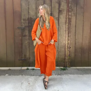 Ensemble 2 pièces pour femmes en lin orange avec chemise oversize et pantalon large