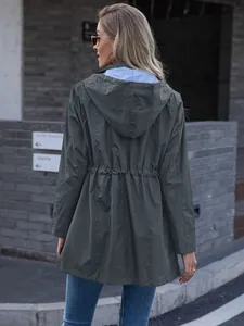 Back view of a women's mid-length hooded green raincoat with adjustable drawstring waist