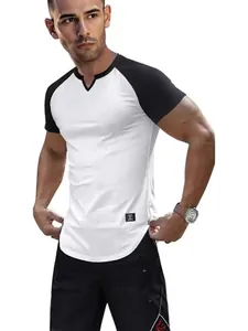 Men's Slim Fit Raglan Sleeve T-Shirt Contrast Color Ribbed Texture V-Neck Short Sleeve Muscle Tee Casual Athletic Top