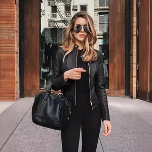 Modern stylish women's black faux leather PU biker jacket for autumn street wear