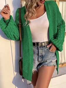 Women's Mid-length Open Front Knitted Cardigan Sweater With Lantern Sleeves Thick Cable Knit Solid Color Outerwear Jacket